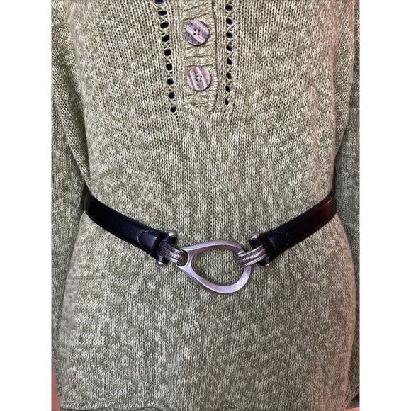 Chico's Size SM Black Slider Adjustable Leather Belt with Oval Silvertone Buckle - Picture 1 of 16